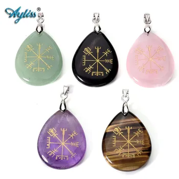 

Ayliss 1x Teardrop Pendant Guidepost Compass Vegvisir Natural Stone Pendant Necklace Engraved Old Northern Europe Viking Rune