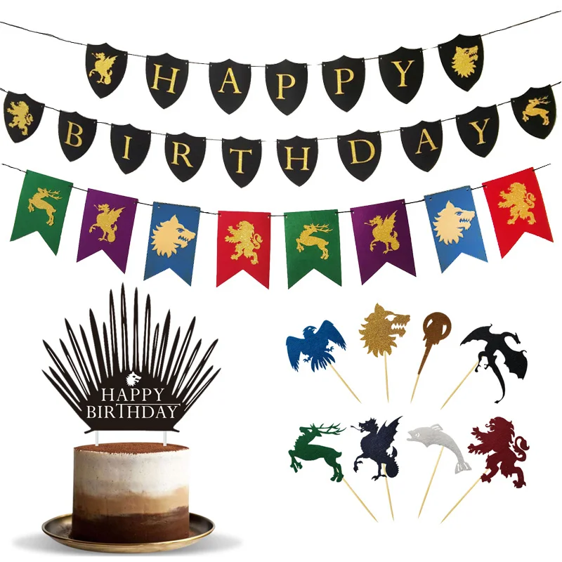 

Game of Thrones Theme Happy Birthday Banner Iron Throne Cake Topper Dragon Cupcake Decoration