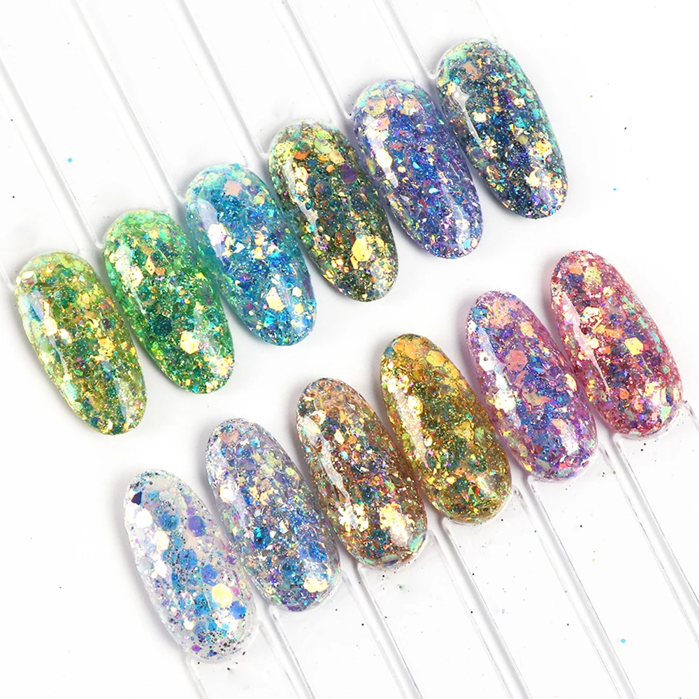 

1 Box Mixed Colors Shiny Glitter Powders For Nails Hexagon Irregular Flakes Paillette Nail Art Gel Powder Nail Polish Decoration