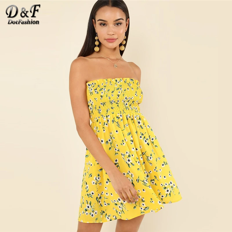 

Dotfashion Yellow Flower Print Frilled Smock Dress Women Clothing Summer Vacation Female Strapless Sleeveless Beach Short Dress