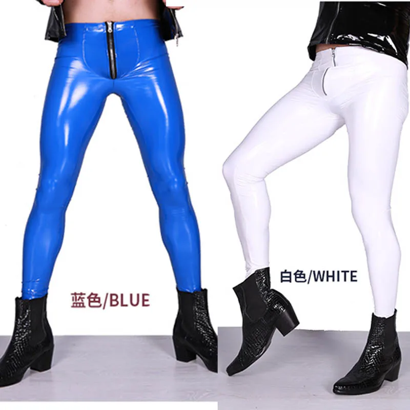 Man Low Waist Faux Leather PU Shiny Punk Pencil Pants Imitation Latex Elastic Tight Trouser Highlight Legging Ankle-Length Pants-1