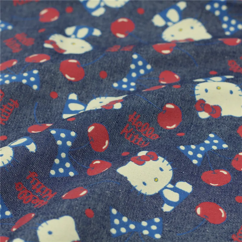 140 см ширина hello kitty джинсовая ткань хлопчатобумажные джинсы мягкая вишня Китти кошка печатные джинсовые Швейные материалы для ручной работы Детское платье