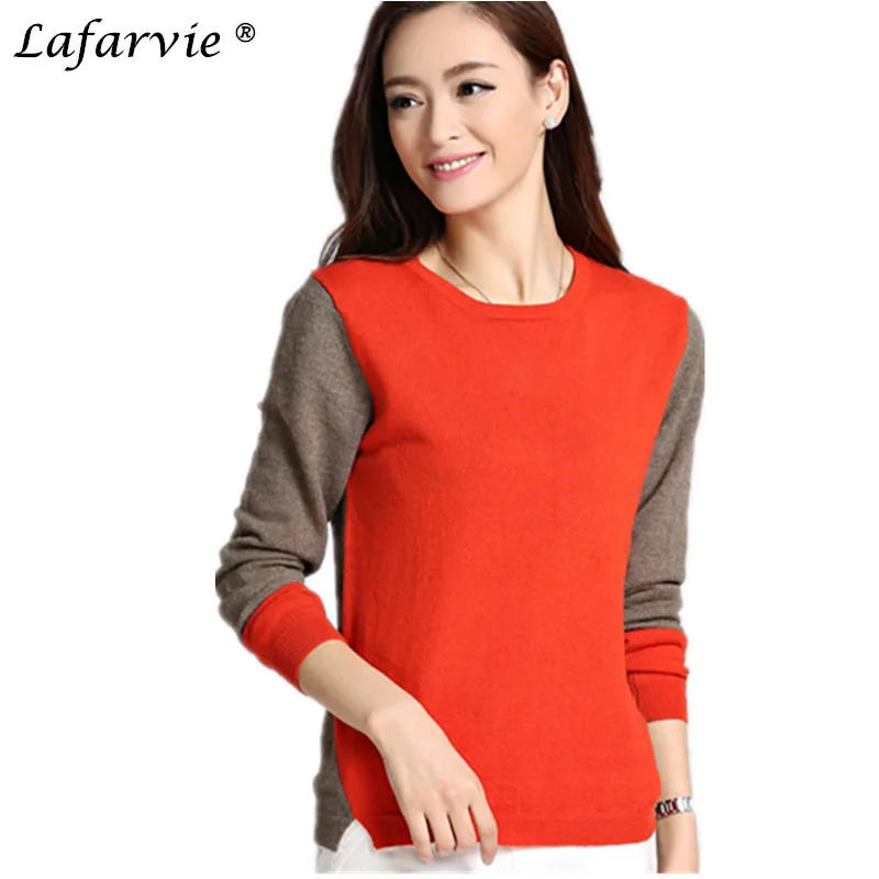 Lafarvie Fashion Cashmere Blended Knitted Sweater Women Tops Computer Knitted Pullovers Female O-neck Long Sleeve Patchwork Pull