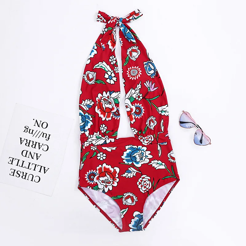 

Wasteheart Summer New Halter Deep V Sexy Sports Swim One-Piece Suits Sexy Swimwear Sportswear Holiday Beach Style Printed