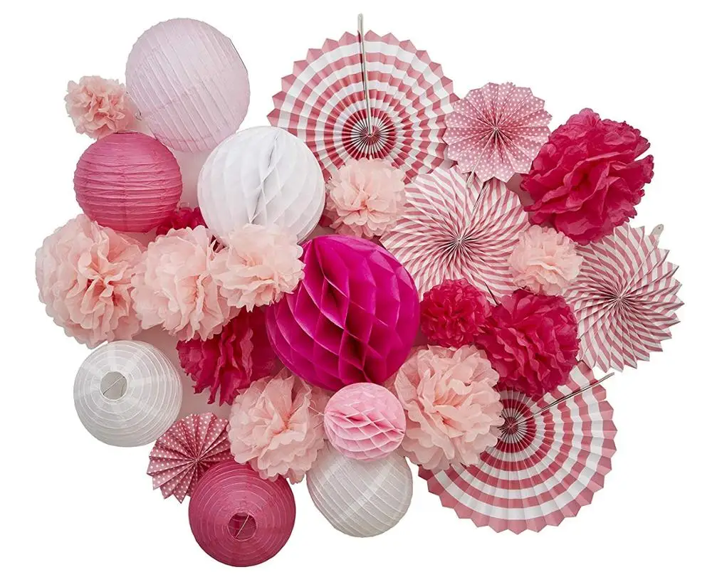 

28Pcs/set Pink Hanging Paper Party Decorations Paper Fan Set Paper Pom Poms Flowers for Babyshower Girls Birthday Party Supplies