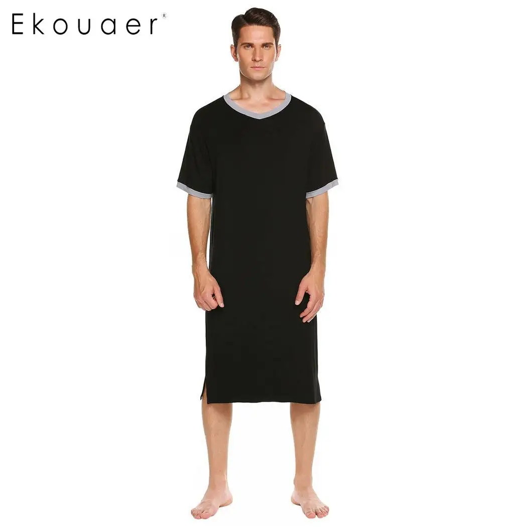 Ekouaer Men Nightshirts Casual Sleepwear V Neck Short Sleeve Contrast