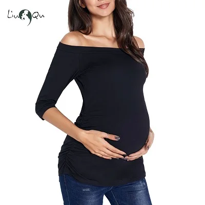 Womens Pregnancy Off Shoulder 3 Quarter Blouse Striped Top Maternity Clothes Slash Neck Pregnancy Womens Clothing ropa mujer - Цвет: pic