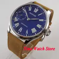 44mm Parnis mechanical men's watch Royal blue dial Roman numerals luminous 17 jewels 6497 hand winding movement wrist watch 1021