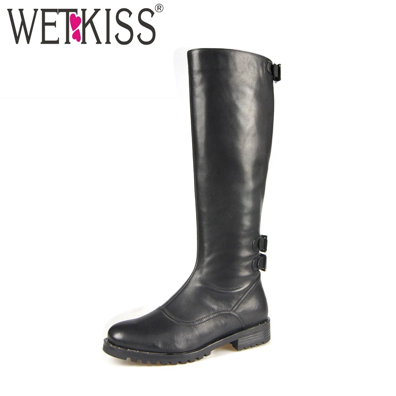 

WETKISS Low Heels Women Knee High Boots Round Toe Footwear Warm Wood Liner River Female Boot Riding Shoes Woman 2018 Winter