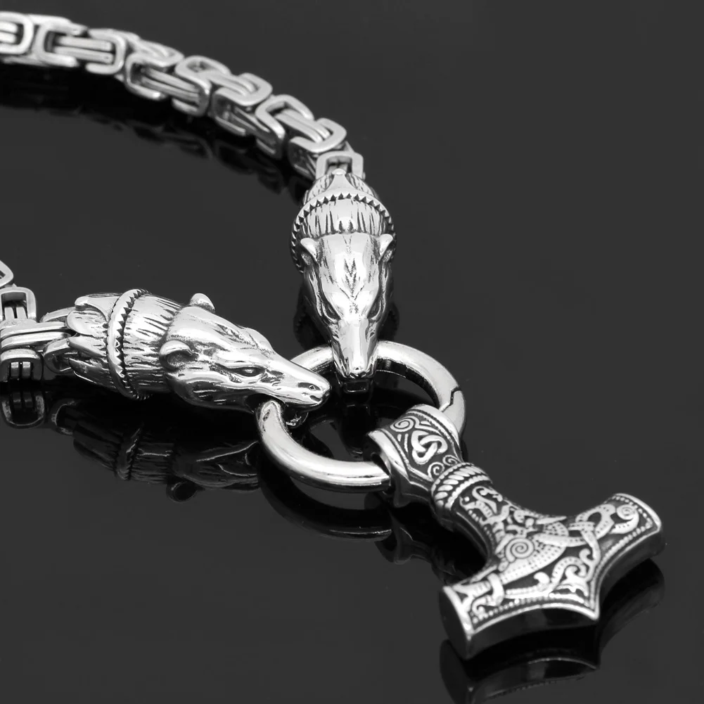 Мужское ожерелье из нержавеющей стали с головой волка и подвеской в виде молота Тора с Королевской цепочкой