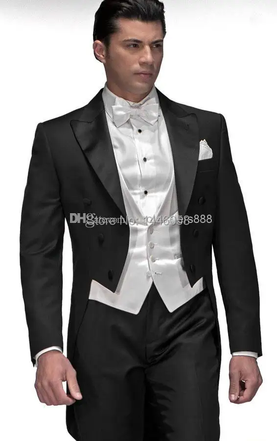 

2018 Italian Tailcoat Black Groom Tuxedos Peak Lapel Best Man Groomsman Men Wedding Suits Bridegroom (Jacket+Pants+Bow+Vest)