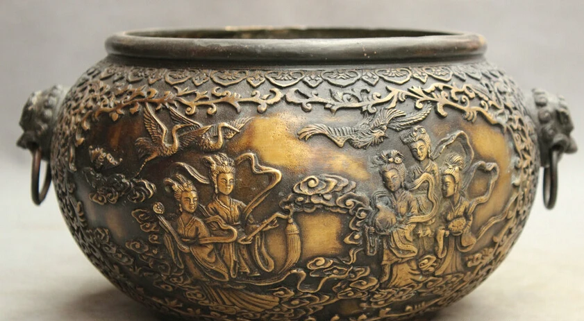 

S5513 Marked Chinese Bronze Palace Belle Statue Crane Phoenix Lion Bowl Incense Burner D0318