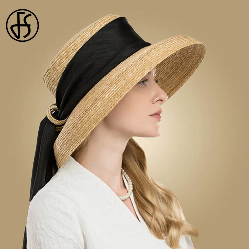 FS British Style Women Straw Hat Wide Brim Big Bowknot Beach Hats Black Boater Fedora Girls Sun Caps
