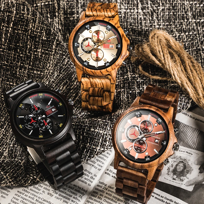 

Drop Shipping Luxury Wood Watch Mans wristwatch Men Watch Stylish Wooden Timepieces Chronograph Quartz Watches relogio masculino