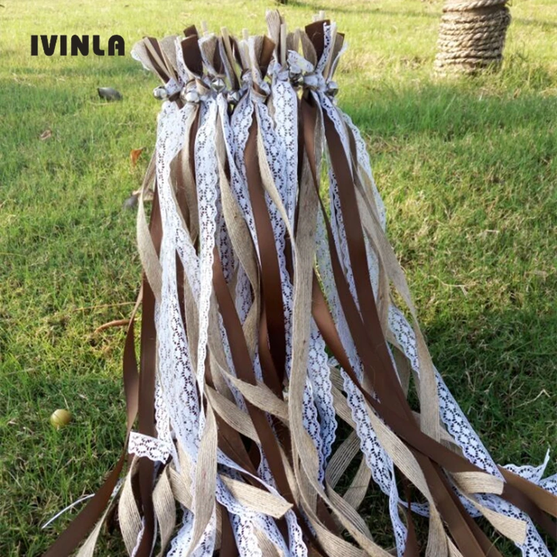 

50pcs/lot Coffe Jute Wedding Wands with big sliver Bells For Wedding Decoration