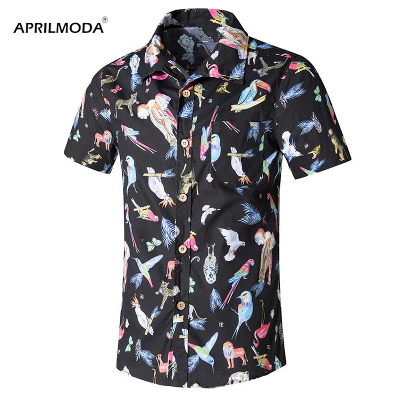 

Retro Flamingo Summer Men's Shirt Parrot Printed Bird Rapper Slim Fit Short Sleeve Hawaiian Korean Shirts Camisa Men Beach Tops