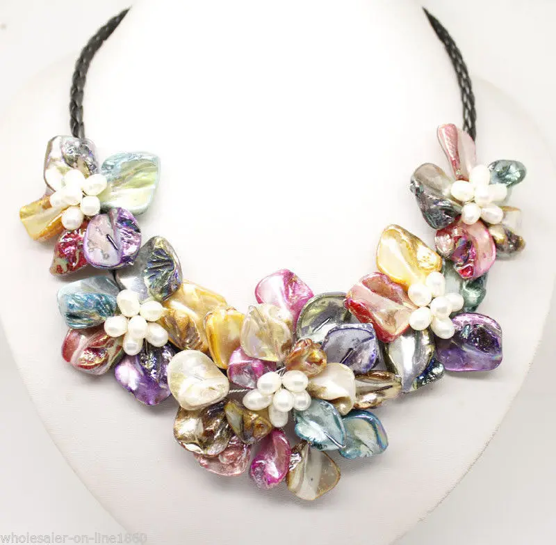 

FREE SHIPPINGStunning Multicolor Freshwater Pearl Sea Shell Flower Leather Necklace 18