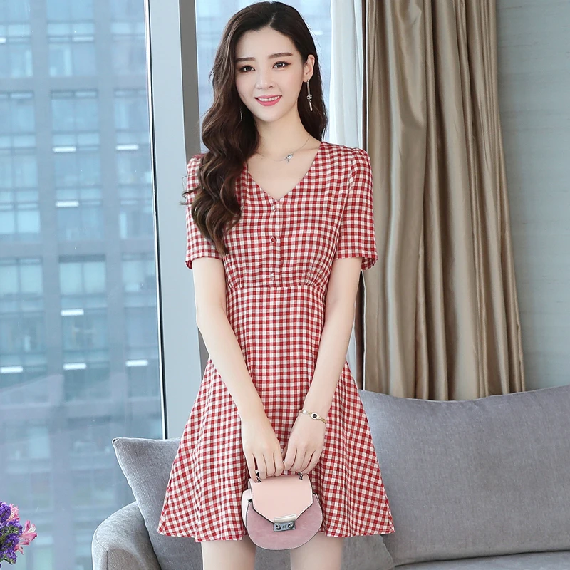 Summer Plaid Brown Cotton Party Women Short Dress Red Sexy Lady Slim Mini Office Classic Short Sleeve Runway Vestido 2019 New