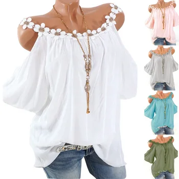 

Women Lace Strappy Ladies Solid Color Round Neck Cold Shoulder Casual T-Shirt Tops IK88