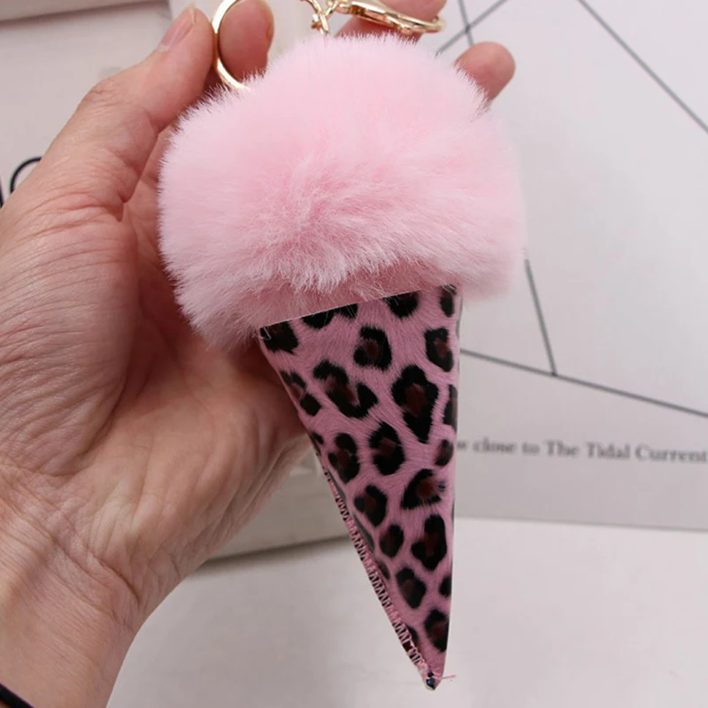 

Faux Rabbit Fur Ball Leopard Print Ice Cream Keychains Key Ring Holder Gift For Women Bag Car Charms Pendant Trinket Chaveiro
