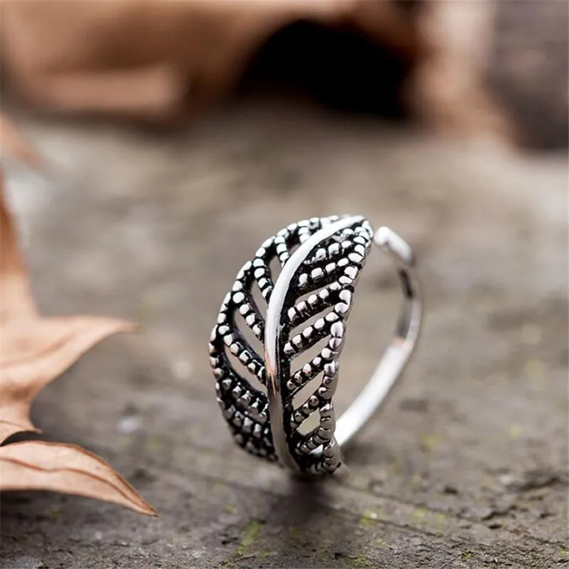 Creative Art 925 Sterling Silver Vintage Fashion Feather Hollow Leaves
