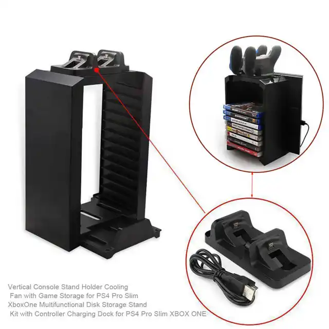 Cheap Multi-functional Vertical Stand Cooling Fan with Game Disk Storage Tower with Dual Charger for PS4 Pro Slim for Xbox One