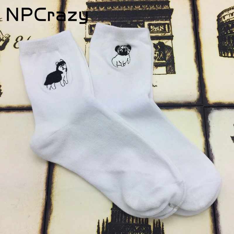 Socks Kawaii Pug Husky Funny Socks for Women Embroidered Dog Cartoon Sock Pure Cotton Sock for Men Dress