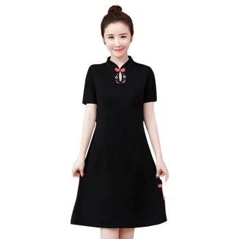 

2020 chinese dress qipao handmade button dress short sleeve chinese mandarin collar cheongsam black qi pao flower print