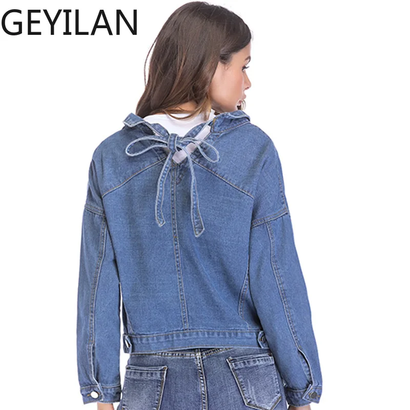 GEYILAN 새 백 tie bow tie denim jacket women fashion 옷 blouse 진 블루종베이식