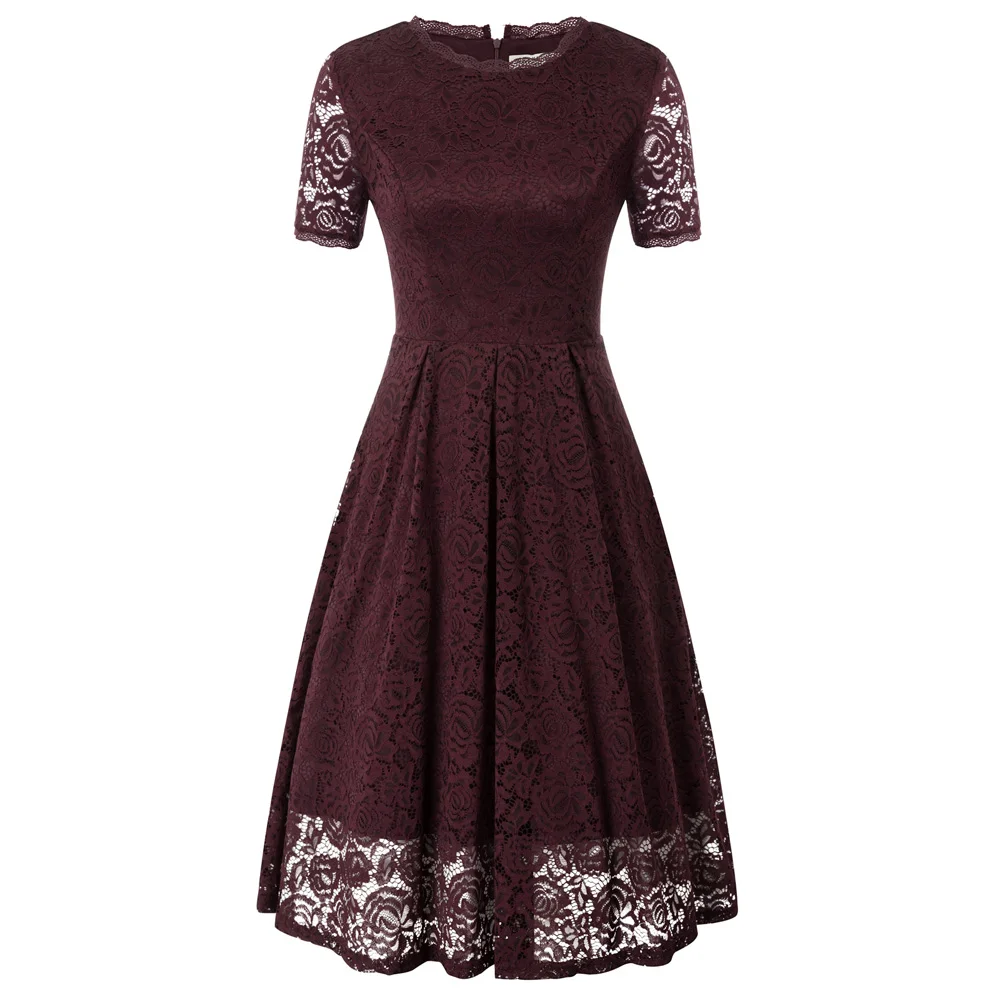 Grace Karin Women's Pleated floral Lace double layers Dress Short Sleeve Crew Neck Flared A-Line dress - Цвет: Wine