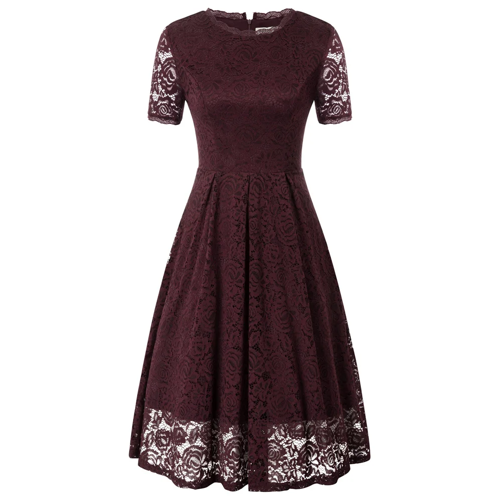 Wine Grace Karin Women's Pleated floral Lace double layers Dress Short Sleeve Crew Neck Flared A-Line dress - Цвет: Wine