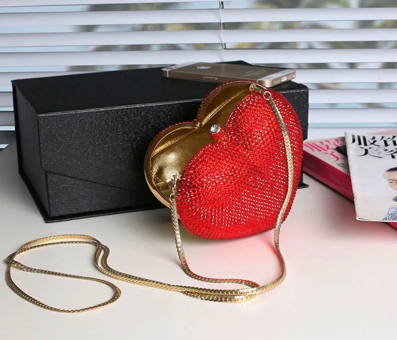 Red heart shape crystal clutch bag Rhinestone evening bag metal Ladies party purse Heart shaped ...