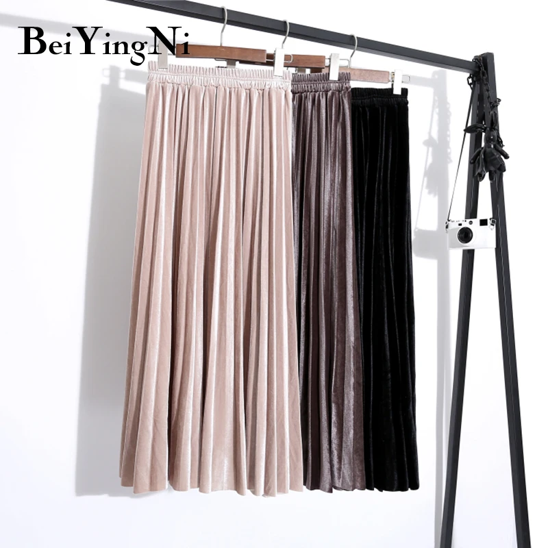 

Beiyingni Gold Velvet Women Skirts Winter Warm Pleated Skirt Retro Elastic Waist Falda New Fashion Korean Solid Black Midi Skirt