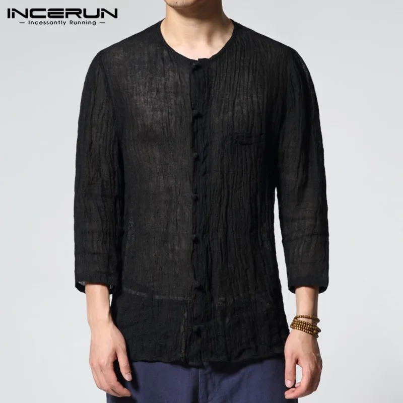 INCERUN, мужские рубашки в китайском стиле, одноцветные, круглый вырез, 3/4 рукав, хлопок, Ретро стиль, рубашка, Повседневная, тонкая, для фитнеса, Camisa Masculina, S-3XL - Цвет: Black Shirt