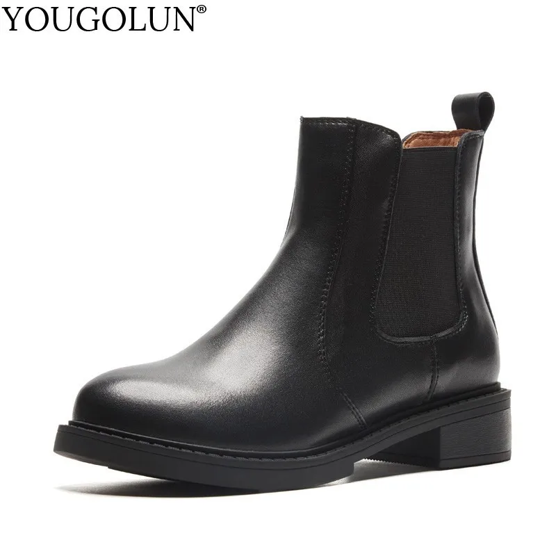 

YOUGOLUN Genuine Leather Chelsea Ankle Boots For Women Lady Winter Autumn Low Square Heels Woman Round Toe Black Shoes #B199