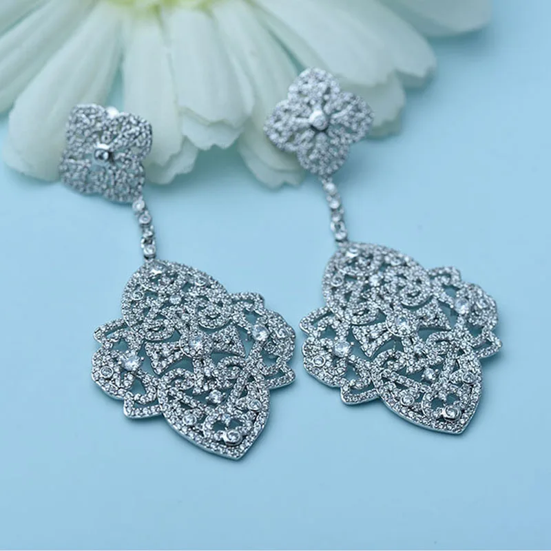 LUOTEEMI New Korea Style Big Brincos White Gold Color Elegant Jewelry Full Cubic Zircon Sparkling Drop Earring Double Flowers