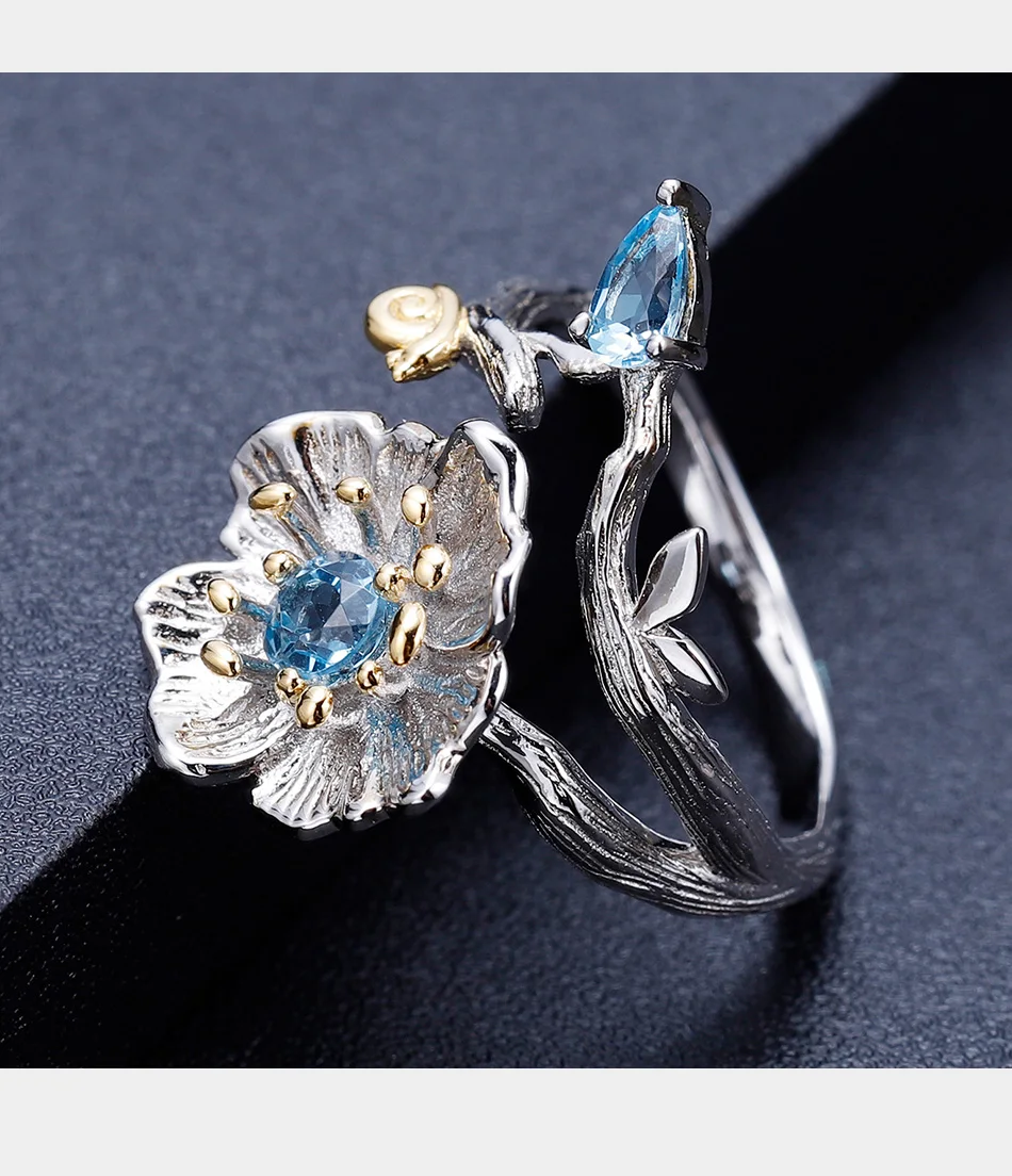 GEM'S балет натуральный Швейцарский Голубой Топаз цветущие Маки цветок кольца 925 пробы серебро ручной работы Открытое кольцо для женщин ювелирные изделия