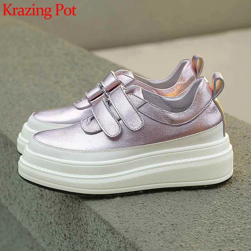 

Krazing pot sheep leather round toe hook loop thick bottom casual high heel platform sneaker comfortable vulcanized shoes L1f3