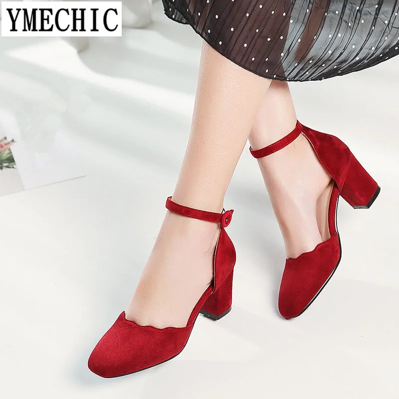 

YMECHIC Retro Ankle Strap Mary Jane Shoes Women High Heel Flock Suede Summer Lady's Chunky Heels Pumps Plus Size Black Wine Red