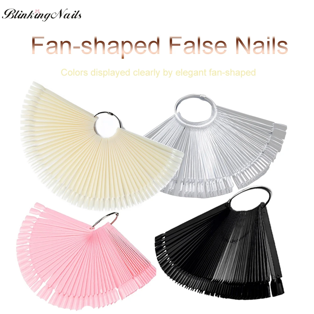 

BlinkingNails 50pcs/set Decorated Fake Nails Pink Nail Tips Clear for Nailpolish Fan-shaped Plastic Color Chart in White Tips