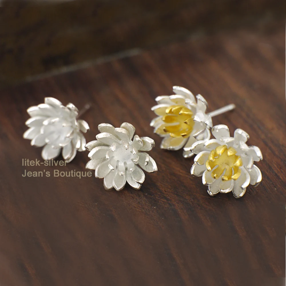 

925 Sterling Silver Lotus Flower Zen Yoga Post Stud Earrings For Women A1693