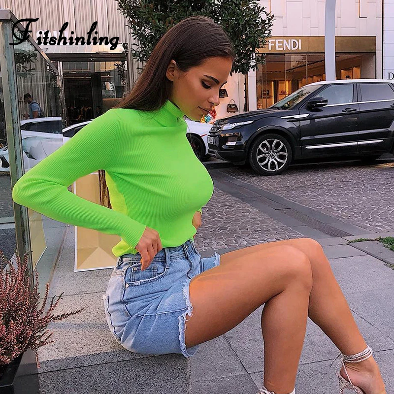 Fitshinling Fashion hot fluorescence t-shirts women tops neon long sleeve slim turtlenecks female t-shirt solid t shirt