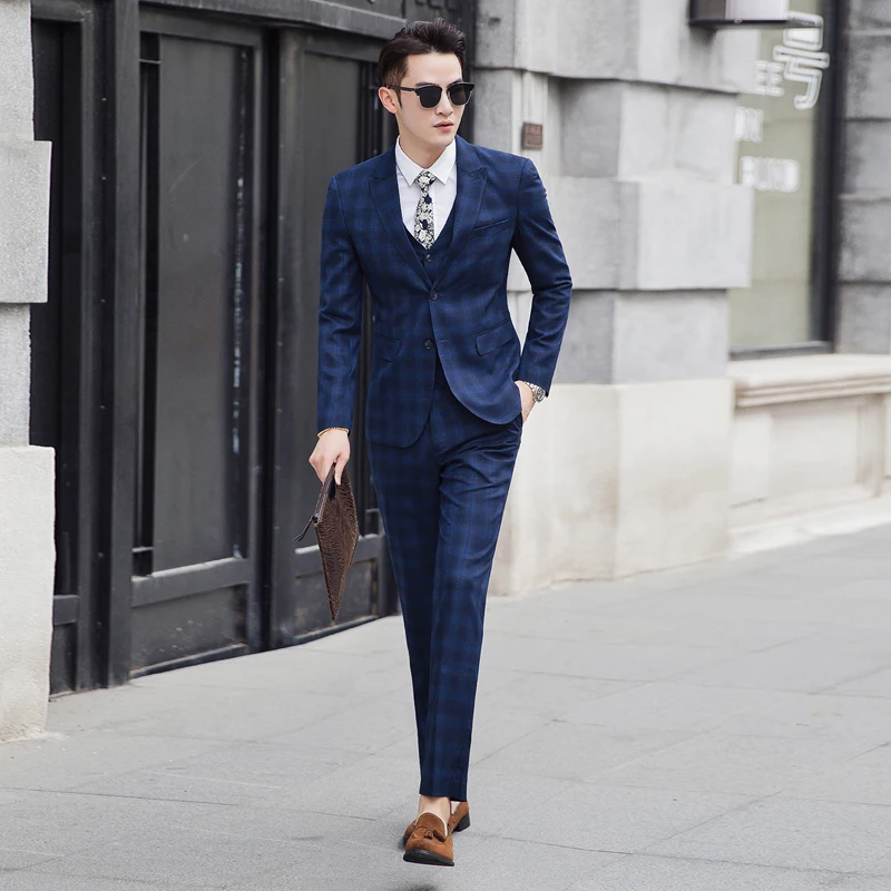 New Fashion Men Plaid Suit Asian Size 4XL 5XL Slim Design Men Blazer Jacket and Pants with Vest High Quality Men Wedding Suits