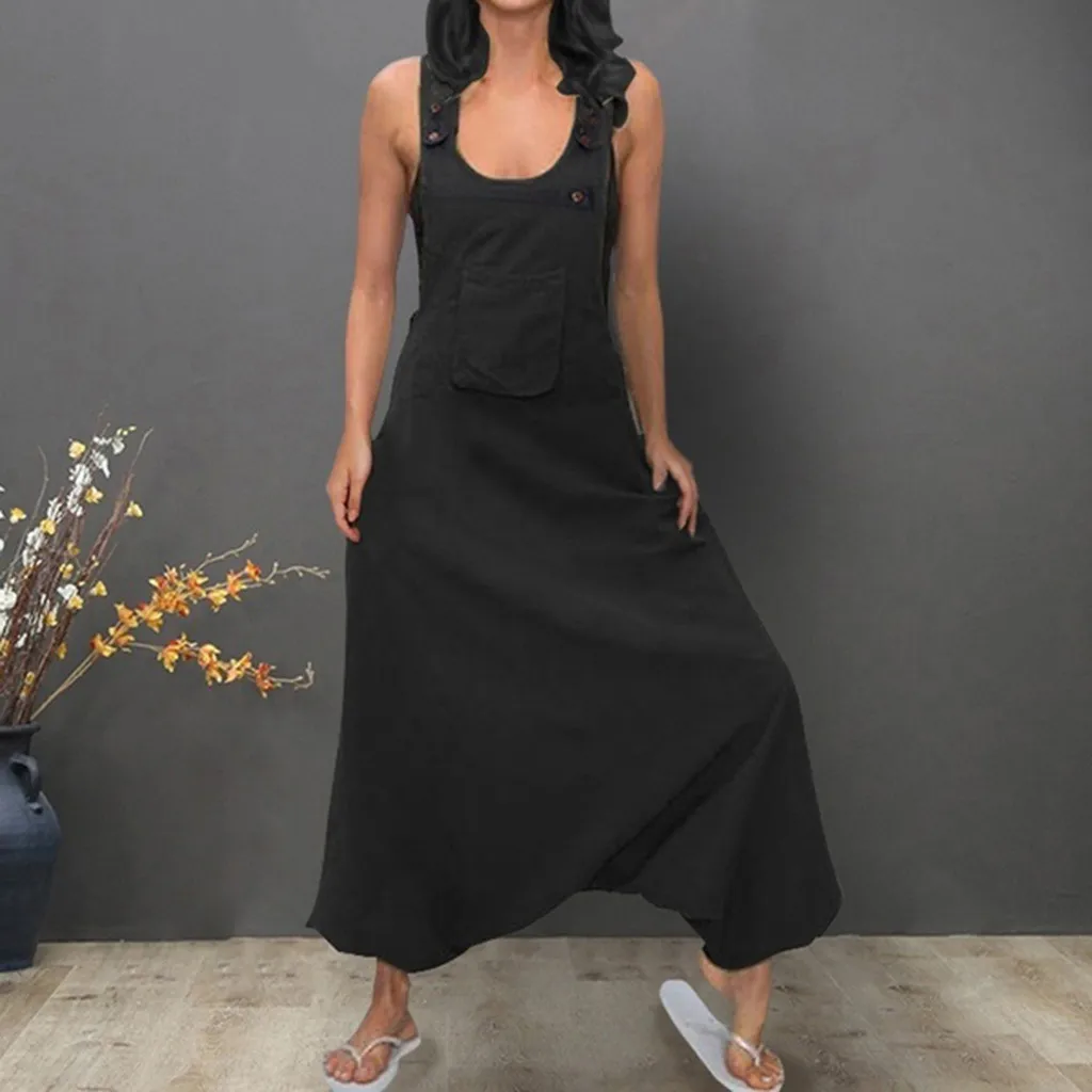 

Jumpsuits 2019Top Plus Size Women U Neck Sleeveless Backless Side Pockets Baggy Long Jumpsuits