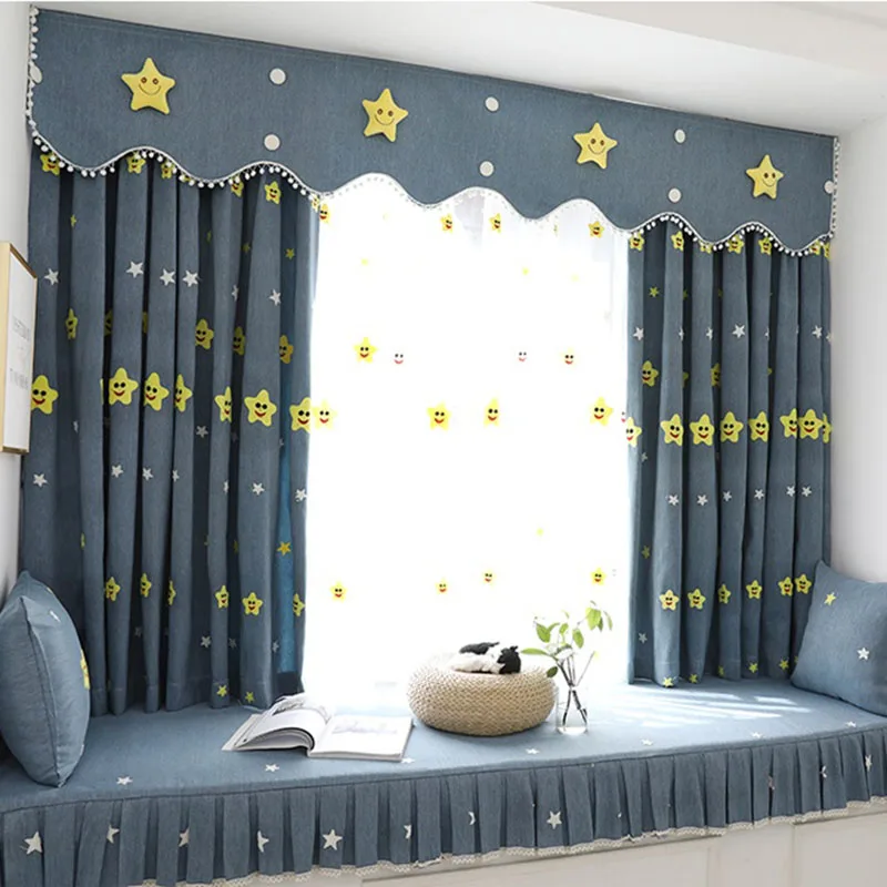 

High-grade Cotton and Linen Cartoon Stars Embroidered Curtains For Children's Room Living Room Custom Bay Window Valance T222#4