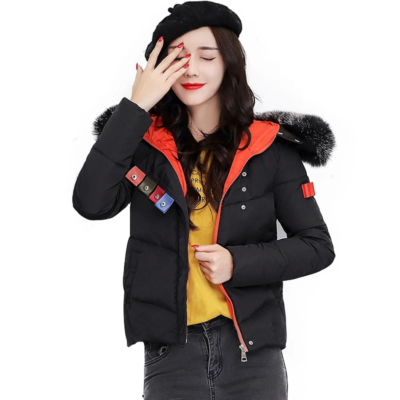 

2017 Black New Parkas Female Winter fur collar Hit color Snow Coat Wadded Jacket Female Jackets Womens Outwear for Women Winter