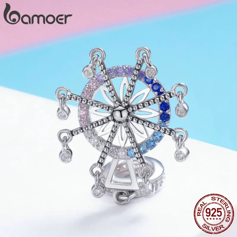 BAMOER Authentic 925 Sterling Silver Ferris Wheel Pendant Colorful Cubic Zircon Charms fit Necklace Bracelets DIY Jewelry SCC869