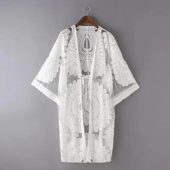 

2018 Female Beach Cover Up Floral Embroidery Bikini Cover Up Swimwear Women Robe De Plage Beach Cardigan Bathing Suit Cover Ups