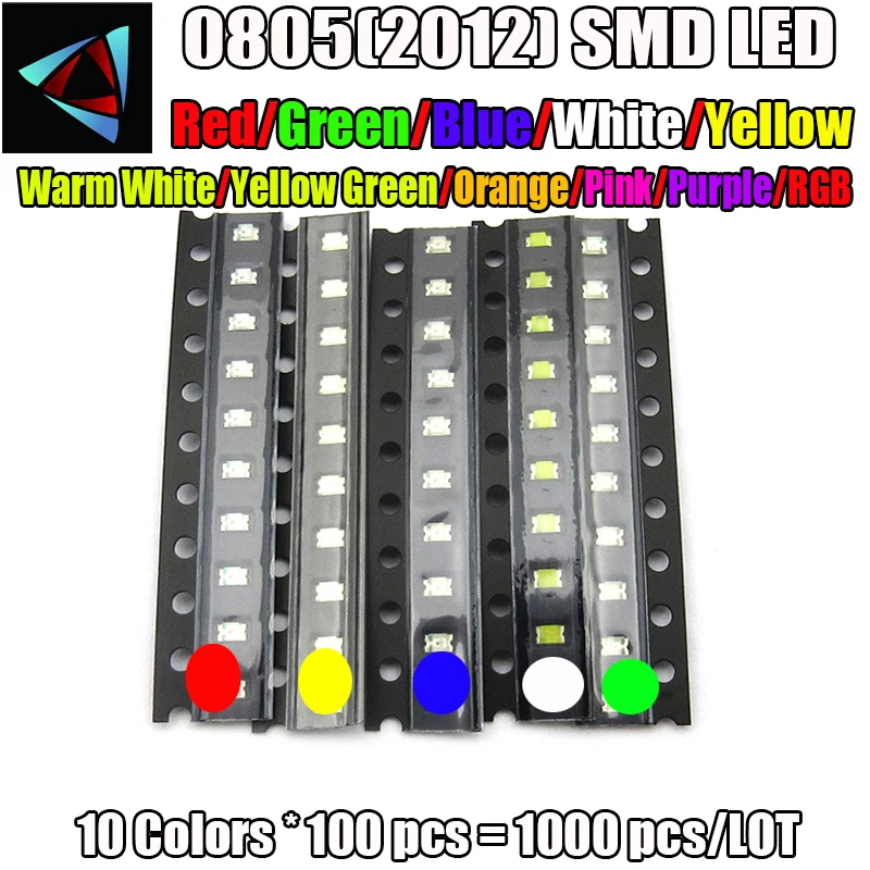 1000 шт. 10 цветов x 100 SMD 0805 (2012) светодиоды белый красный зеленый желтый синий теплый