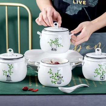 

450ml Stew Pot Simple Small fresh style Porcelain tableware Tureen Kitchen Soup Cup Nest Dessert Slow Cooker Soup with Lids